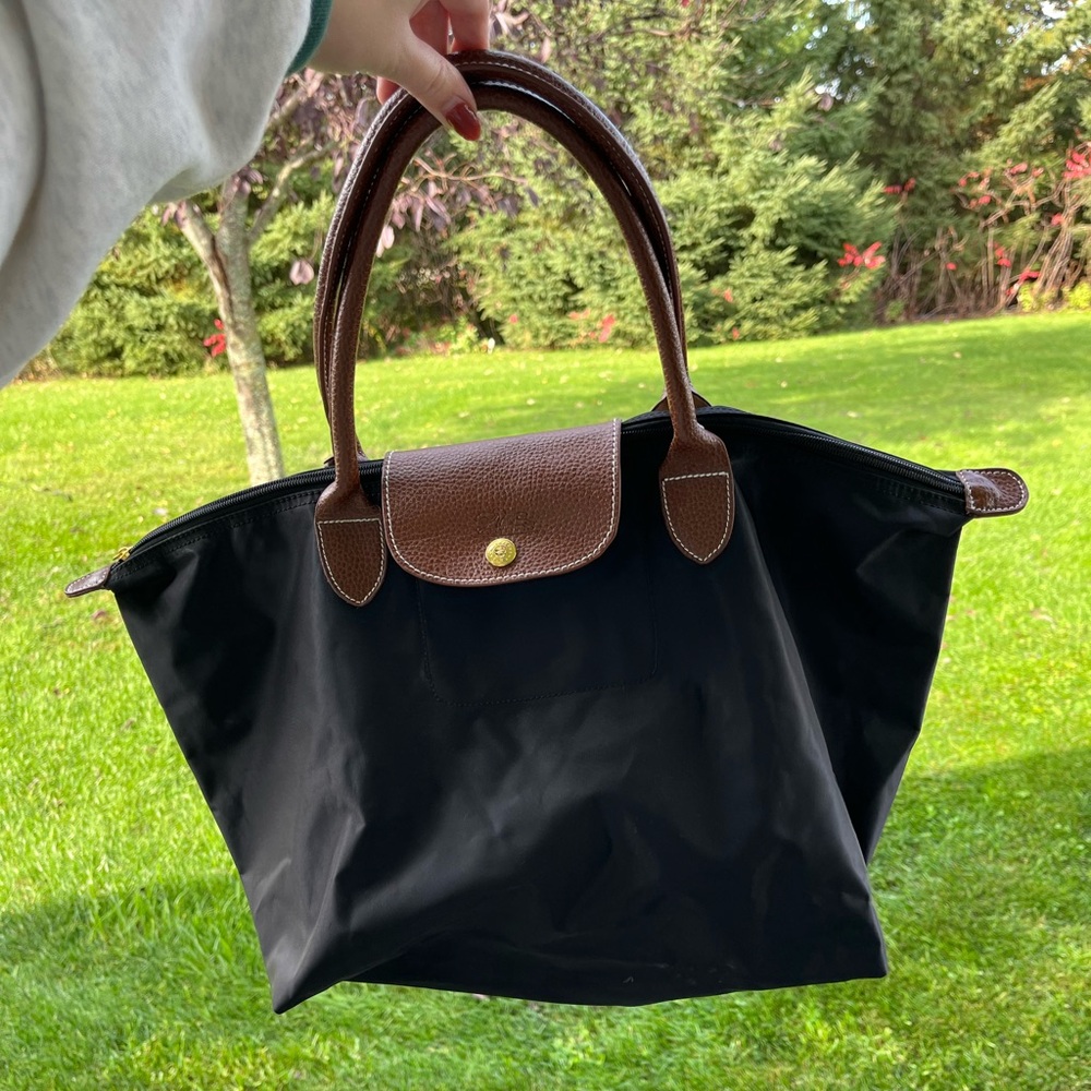 Longchamp medium le pilage nylon shoulder tote bag purse black brown - Picture 7 of 11